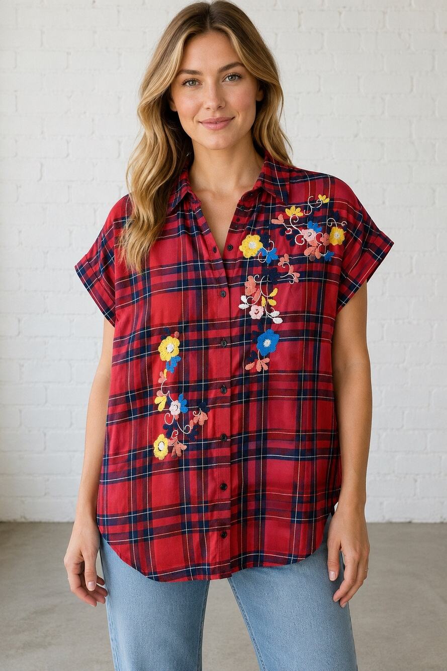 Madewell Central Shirt Women’s Small Red Dahl Plaid Floral Embroidered Cotton